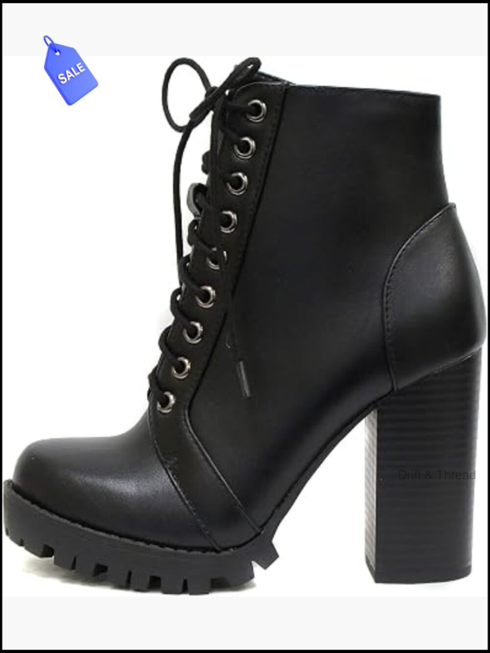 Fashion Lace Up Military Ankle Boot with Stacked Heel & Side Zipper